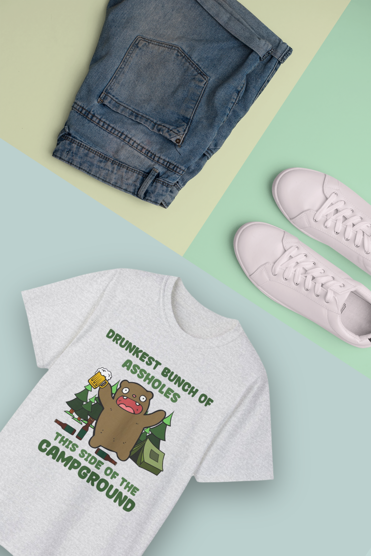 Casual camping outfit display featuring stylish t-shirts, jean shorts, and sneakers laid out on soft mint colours background, perfect for outdoor adventures