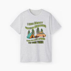 Light grey t-shirt with the text 'I have crazy camping buddies and I am not afraid to use them,' featuring a camping van, campfire, trees, and a tent.