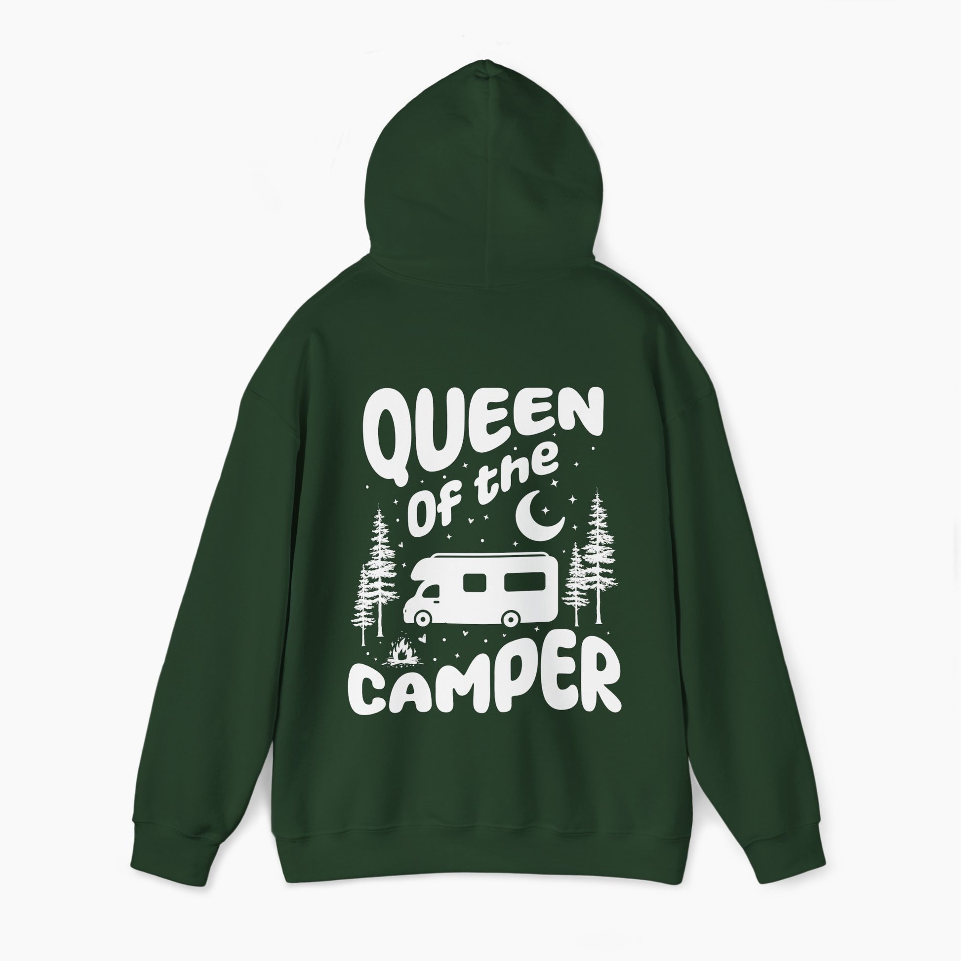 Back of a green hoodie with the text 'Queen of the Camper' surrounded by elements including a camping van, stars, trees, and a campfire, on a plain background.