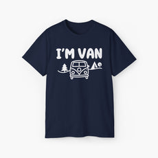 Dark blue t-shirt with the text 'I'm Van' featuring a graphic of a van surrounded by trees on a plain background.