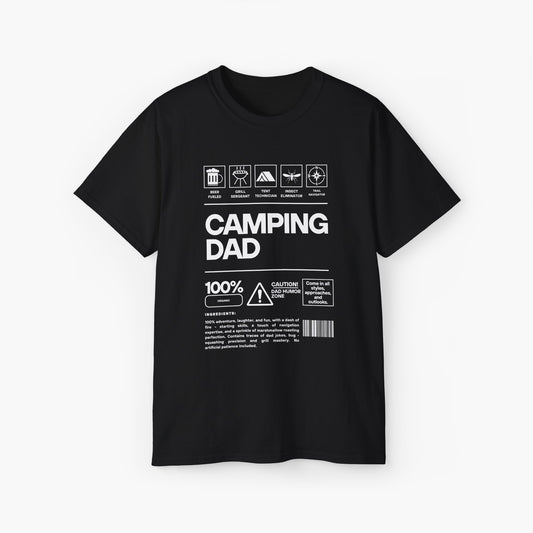 Black t-shirt with 'Camping Dad' label design featuring humorous icons and descriptions on a plain background.