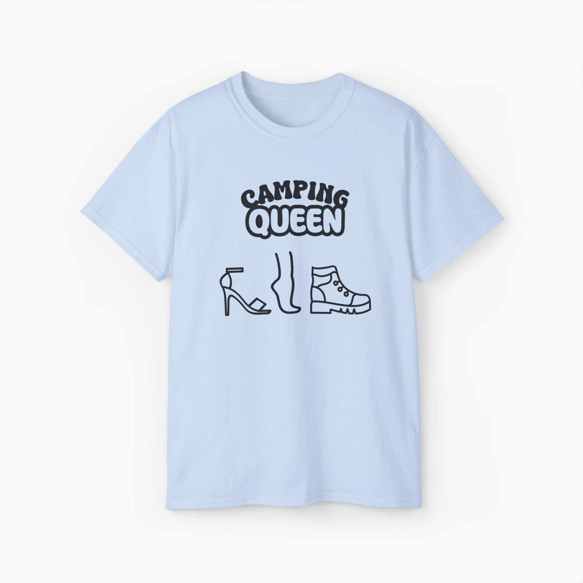 Ligh blue t-shirt with 'Camping Queen' text, illustrated with a high heel, a foot, and a boot, on a plain background.