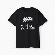 Black t-shirt with 'Camping Queen' text, illustrated with a high heel, a foot, and a boot, on a plain background.