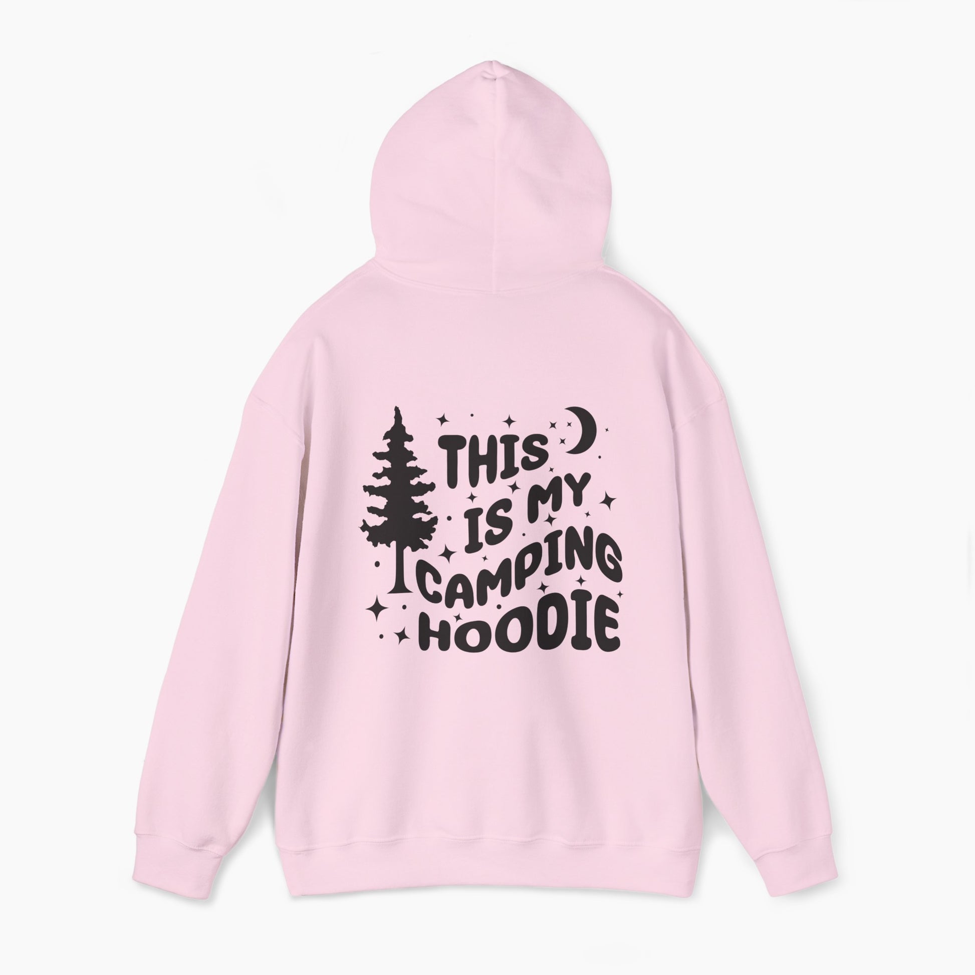 Back of light pink hoodie featuring the text 'This is my camping hoodie,' with a design of a camping van, moon, stars, and a tree on a plain background.