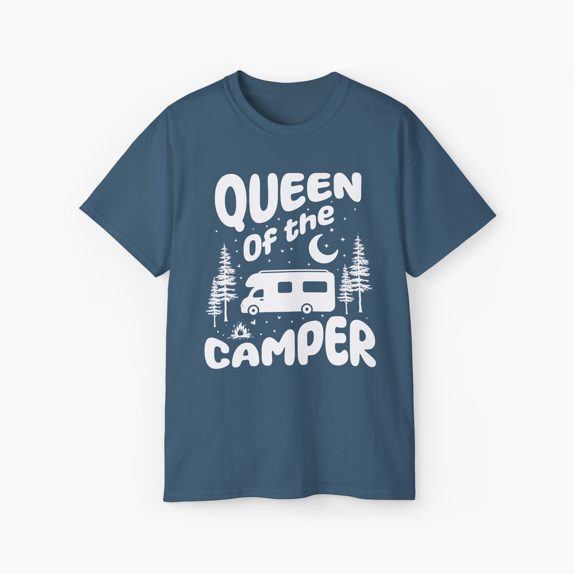 Blue t-shirt with 'Camping Queen' text, illustrated with a camping van, stars, trees, campfire, and moon, on a plain background.