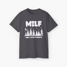 Grey t-shirt with the text 'MILF, Man I Love Forests,' featuring trees, stars, and a moon on a plain background.