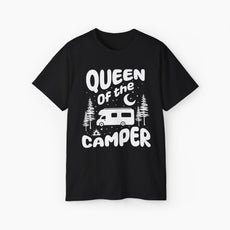 Black t-shirt with 'Camping Queen' text, illustrated with a camping van, stars, trees, campfire, and moon, on a plain background.