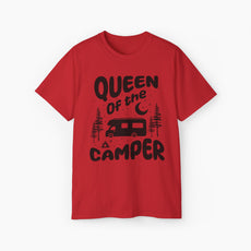 Red t-shirt with 'Camping Queen' text, illustrated with a camping van, stars, trees, campfire, and moon, on a plain background.