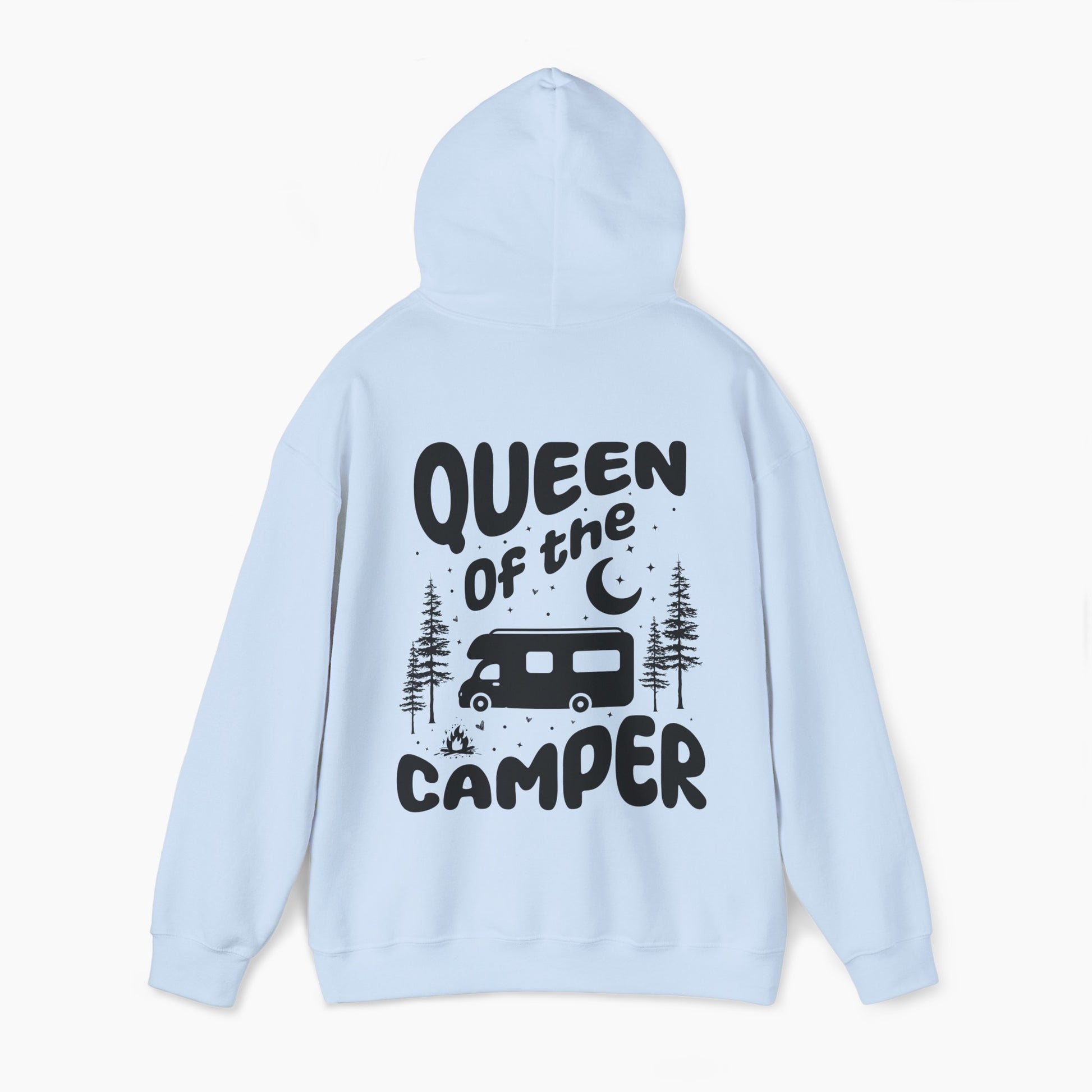 Back of a light blue hoodie with the text 'Queen of the Camper' surrounded by elements including a camping van, stars, trees, and a campfire, on a plain background.