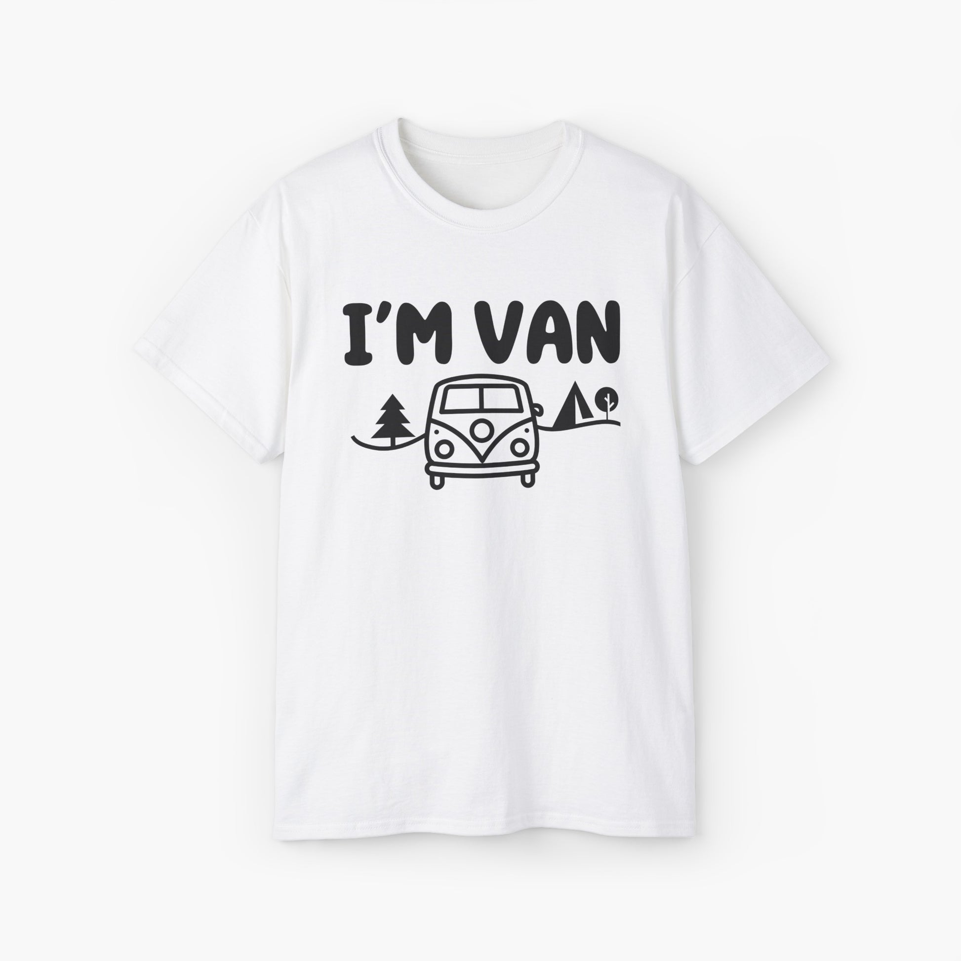 White t-shirt with the text 'I'm Van' featuring a graphic of a van surrounded by trees on a plain background.