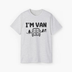 Light grey t-shirt with the text 'I'm Van' featuring a graphic of a van surrounded by trees on a plain background.