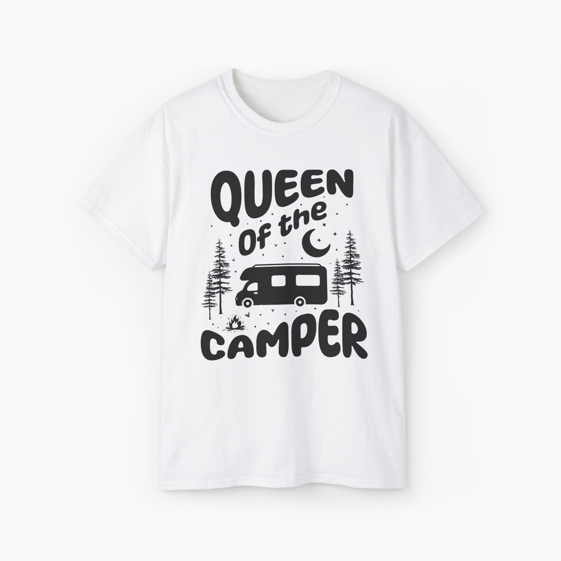 White t-shirt with 'Camping Queen' text, illustrated with a camping van, stars, trees, campfire, and moon, on a plain background.