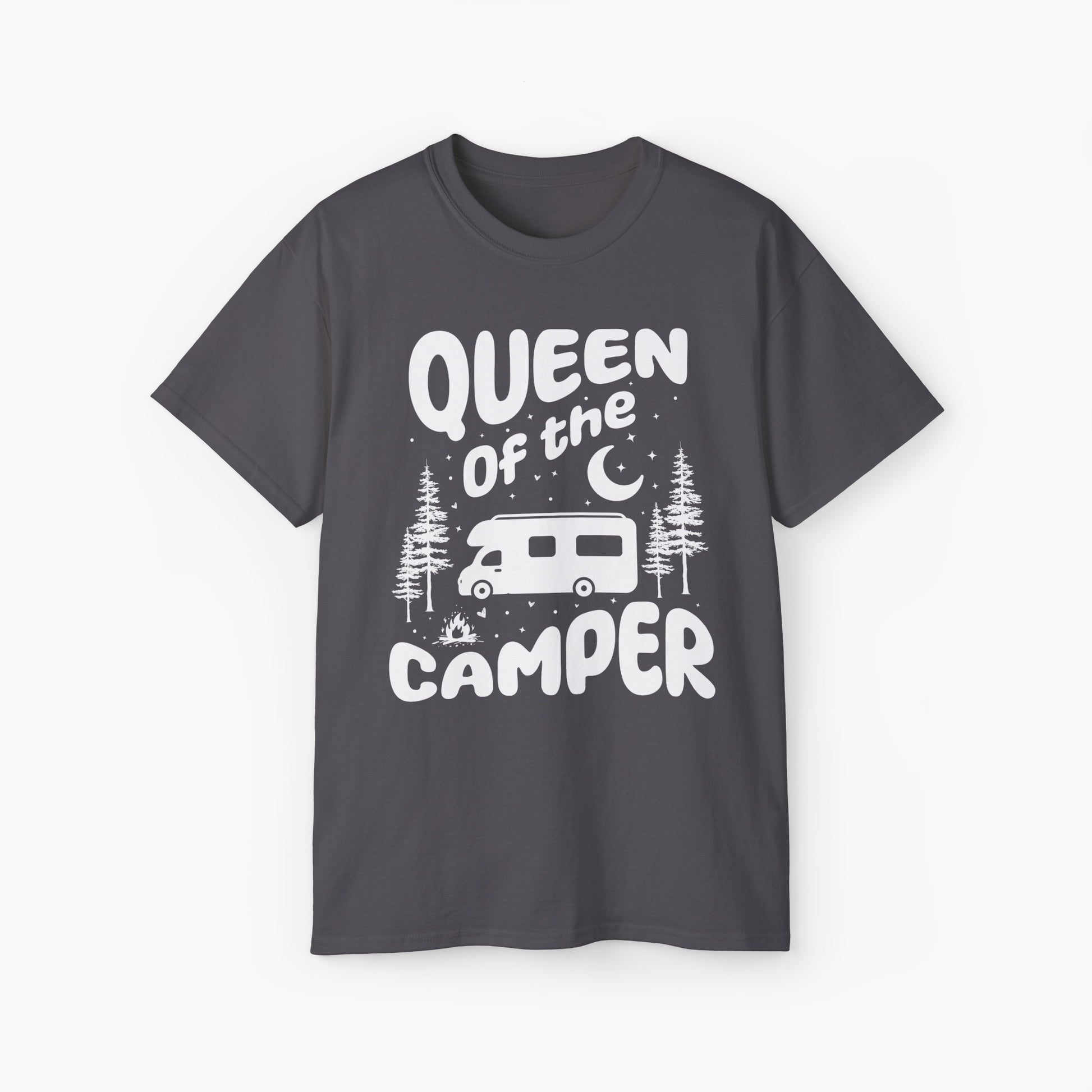 Dark grey t-shirt with 'Camping Queen' text, illustrated with a camping van, stars, trees, campfire, and moon, on a plain background.