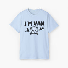 Light blue t-shirt with the text 'I'm Van' featuring a graphic of a van surrounded by trees on a plain background.