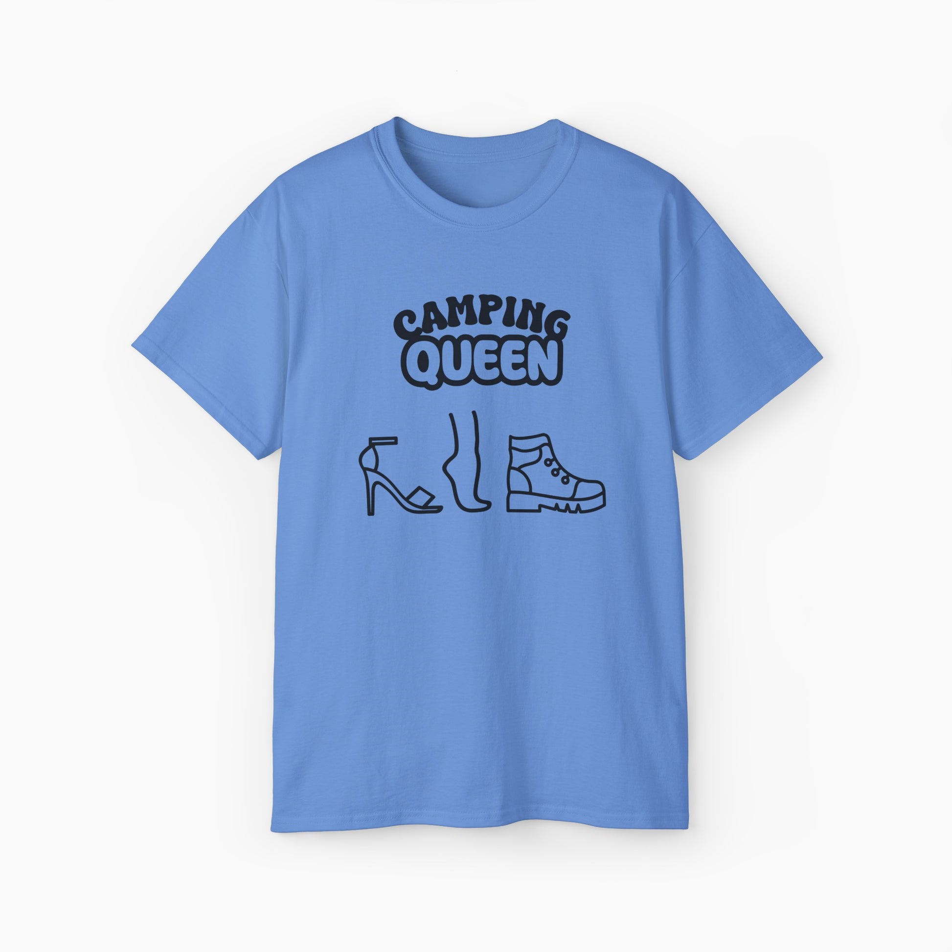 Blue t-shirt with 'Camping Queen' text, illustrated with a high heel, a foot, and a boot, on a plain background.