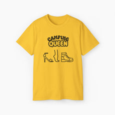 Yellow t-shirt with 'Camping Queen' text, illustrated with a high heel, a foot, and a boot, on a plain background.