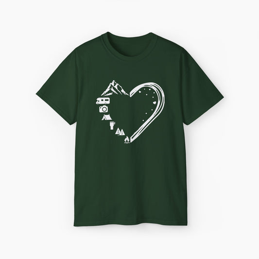 Green t-shirt with a heart-shaped design, half formed by camping elements including mountains, a tent, camping van, photo camera, trees, and a campfire.