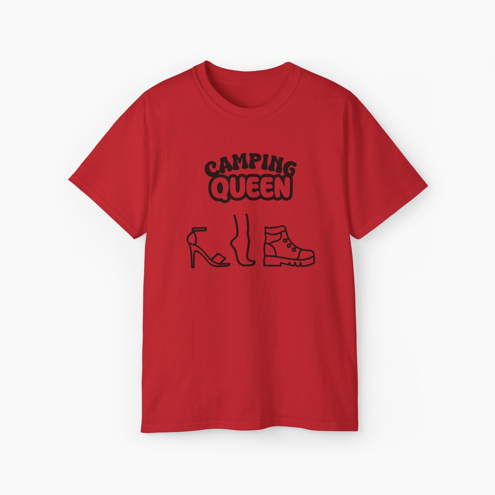 Red t-shirt with 'Camping Queen' text, illustrated with a high heel, a foot, and a boot, on a plain background.