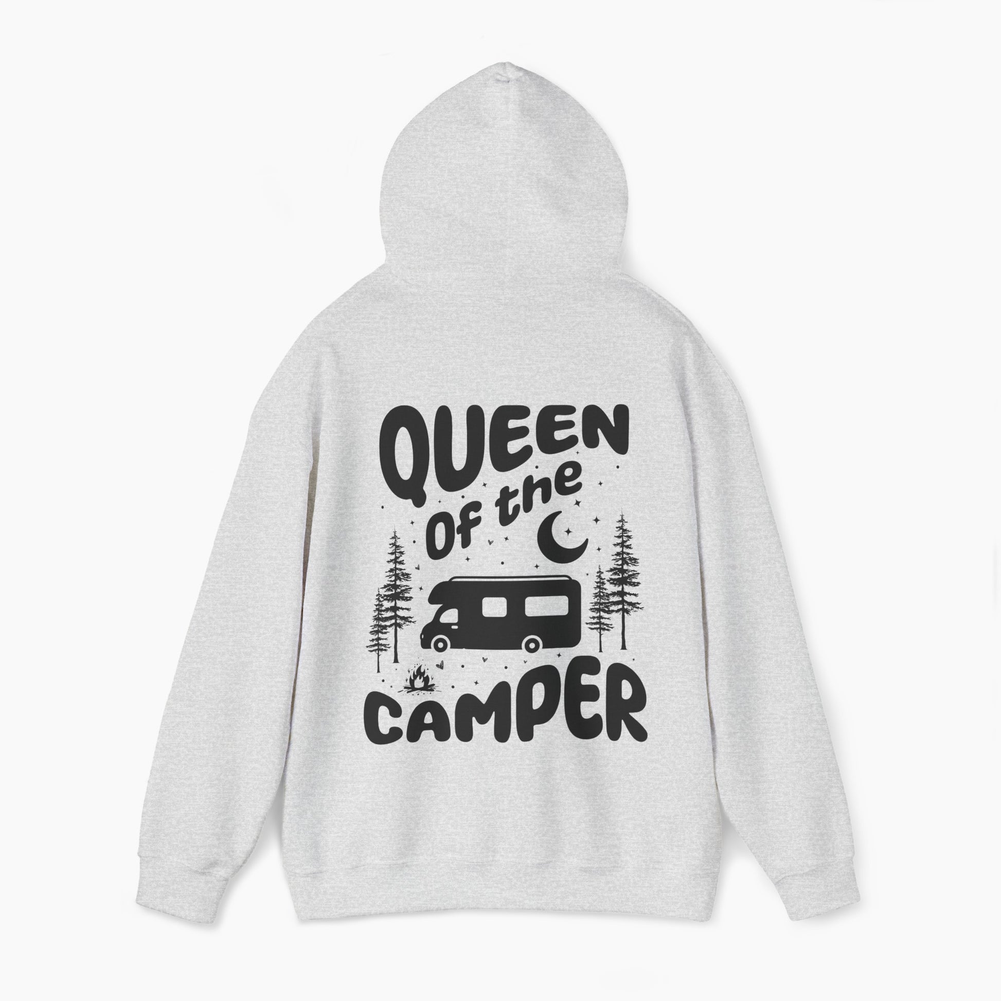 Back of a light grey hoodie with the text 'Queen of the Camper' surrounded by elements including a camping van, stars, trees, and a campfire, on a plain background.