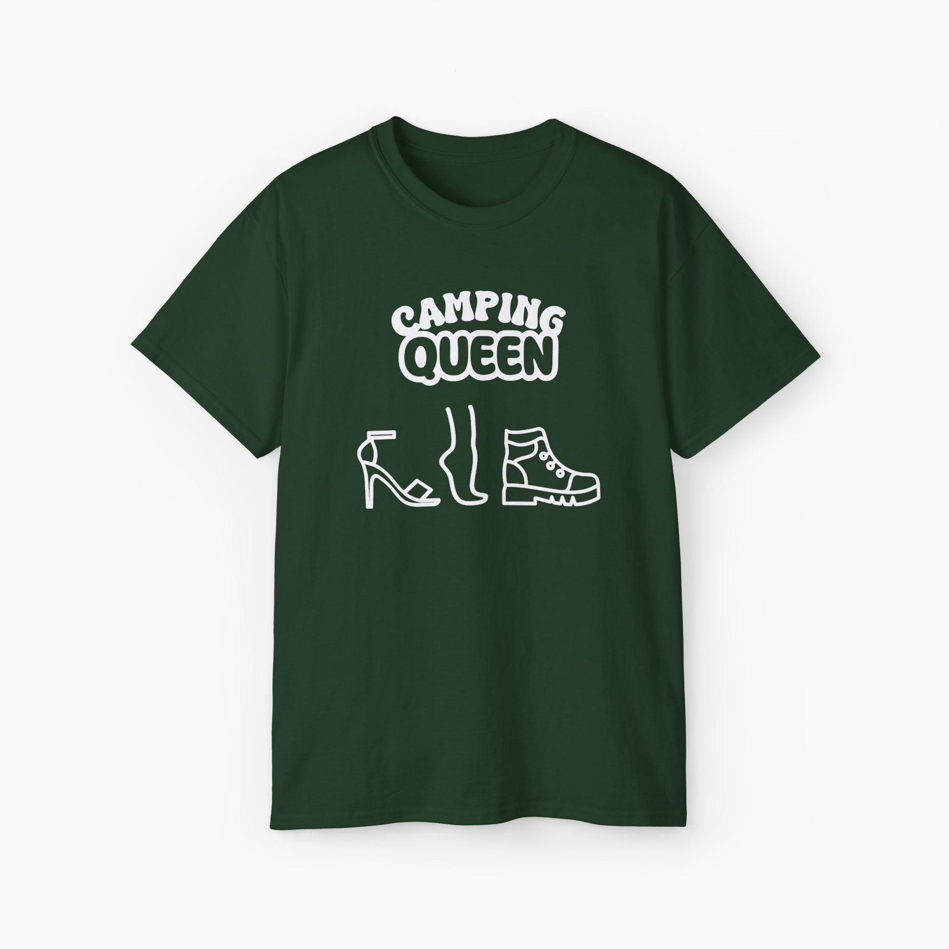 Green t-shirt with 'Camping Queen' text, illustrated with a high heel, a foot, and a boot, on a plain background.