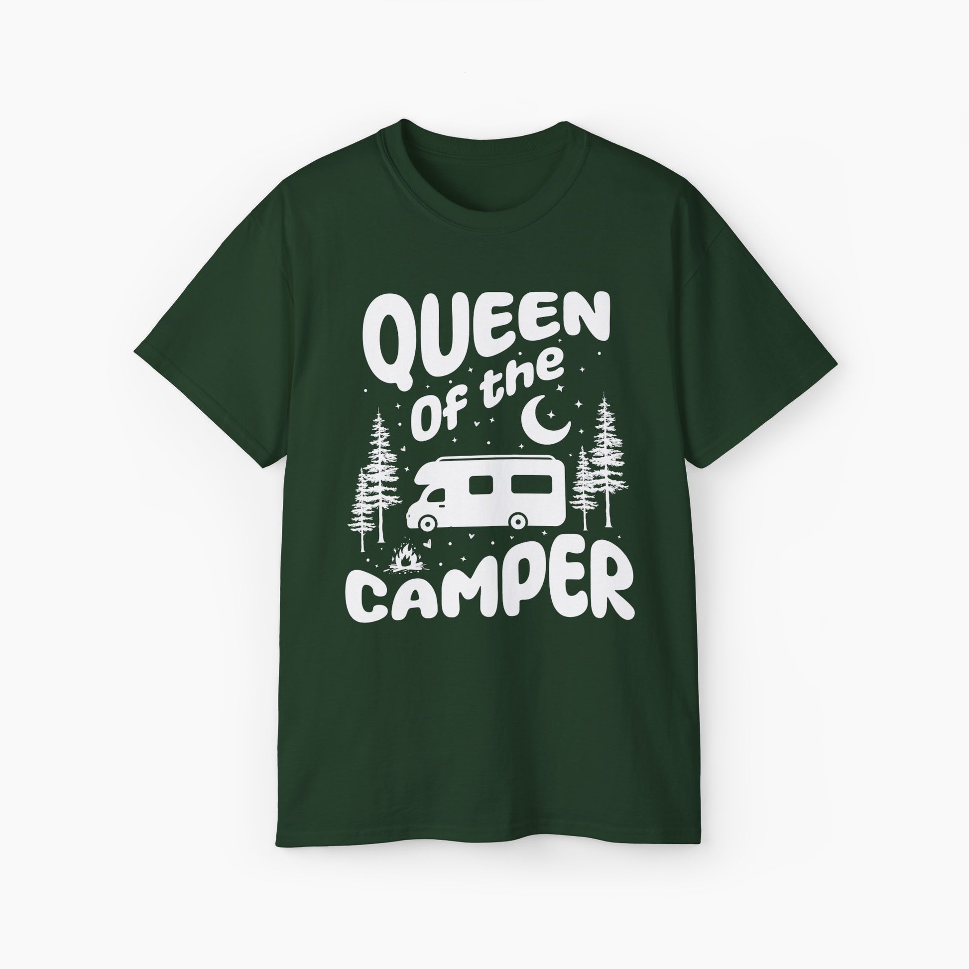Green t-shirt with 'Camping Queen' text, illustrated with a camping van, stars, trees, campfire, and moon, on a plain background.
