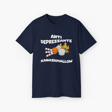 Dark blue t-shirt with 'Anti Depressants, Xanashmallow' text, depicting an open remedies box filled with marshmallows, alongside a tent and trees.