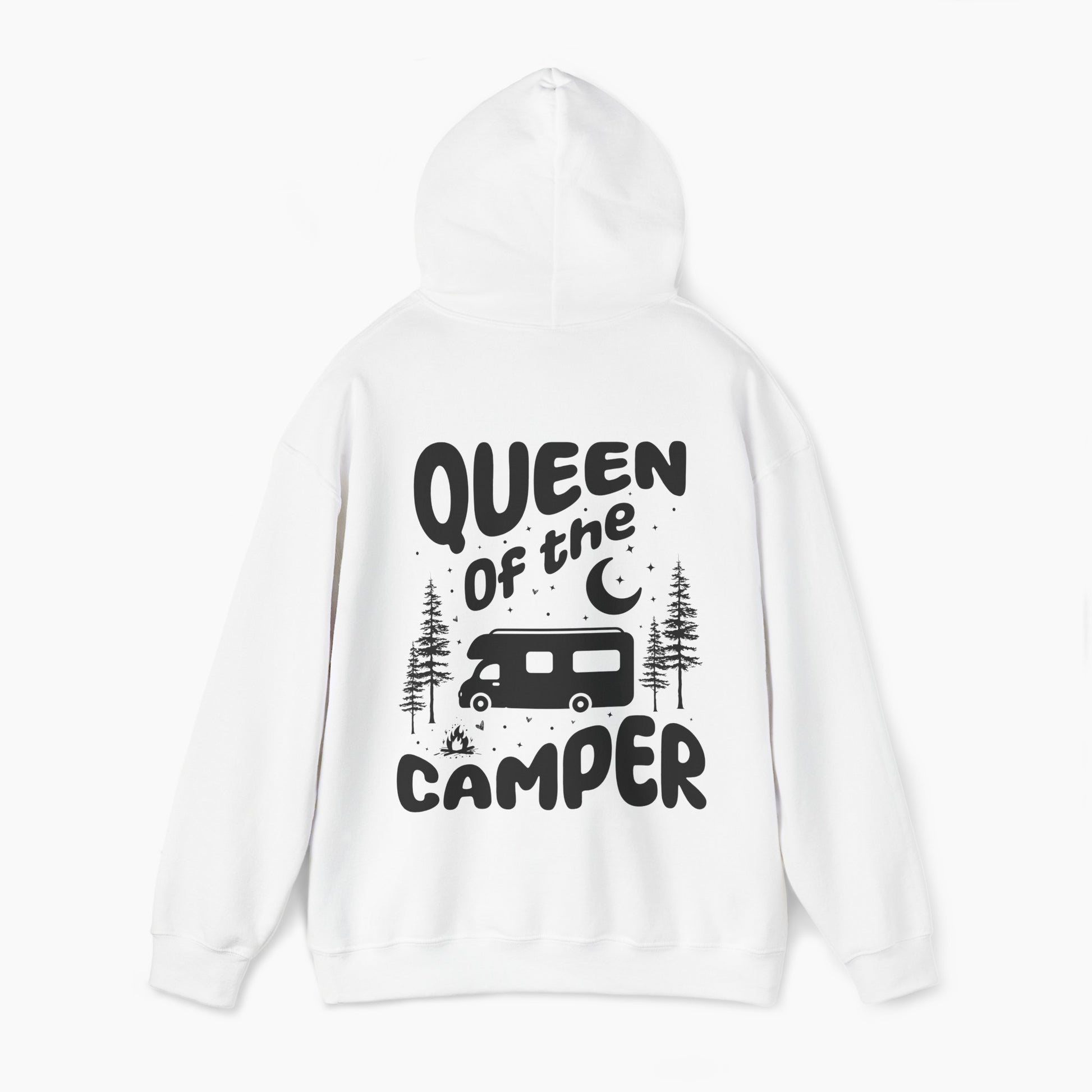 Back of a white hoodie with the text 'Queen of the Camper' surrounded by elements including a camping van, stars, trees, and a campfire, on a plain background.