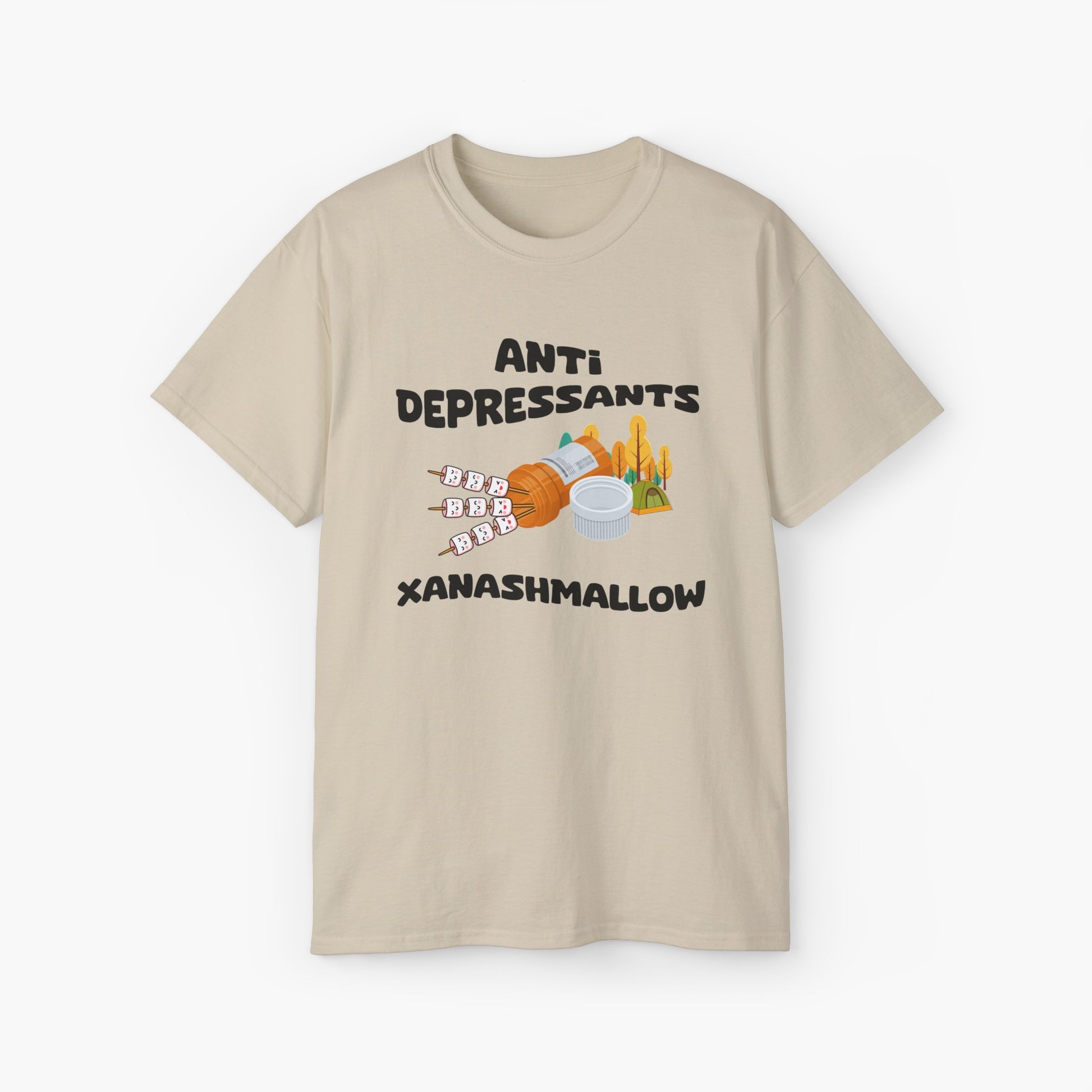 Sand color t-shirt with 'Anti Depressants, Xanashmallow' text, depicting an open remedies box filled with marshmallows, alongside a tent and trees.