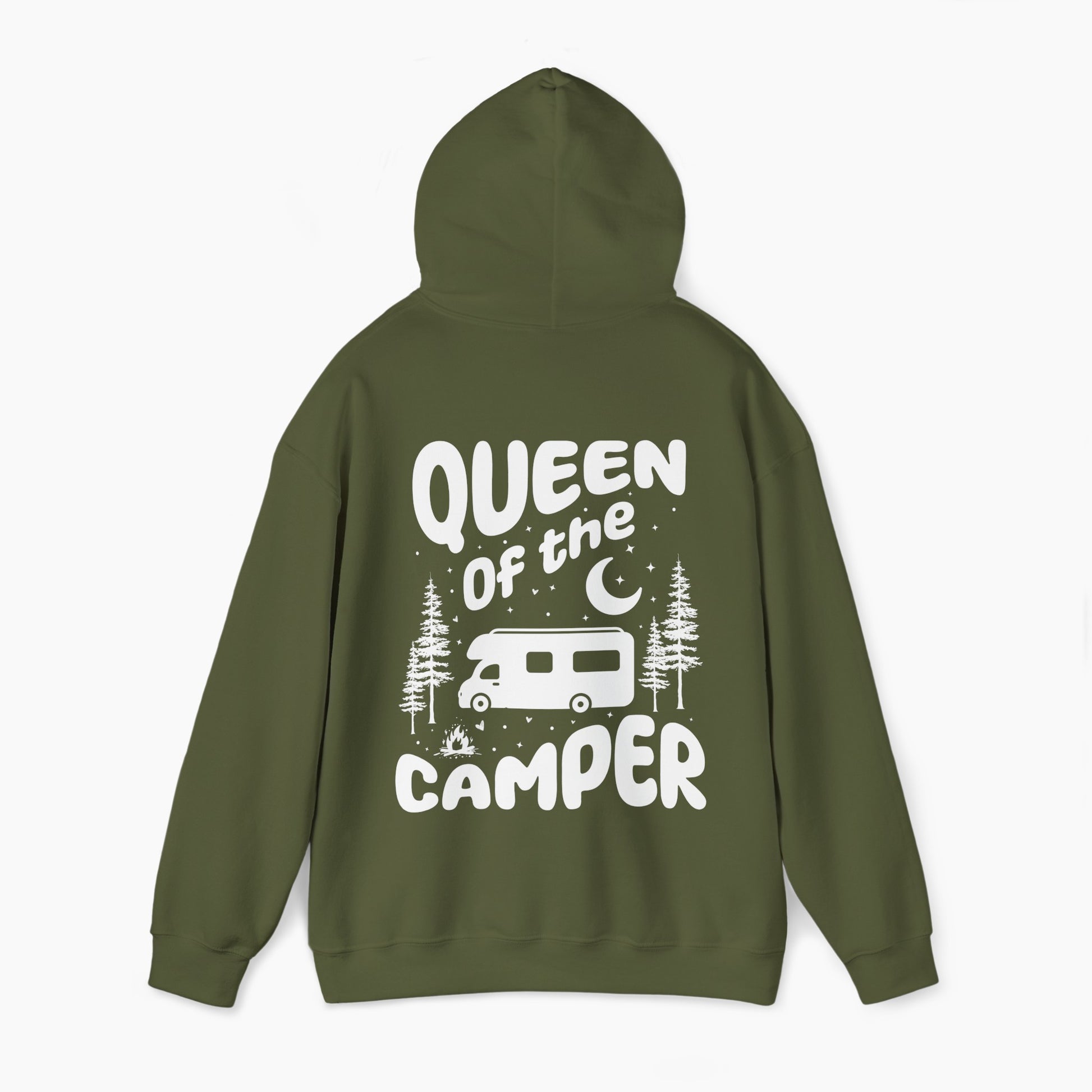 Back of a military green hoodie with the text 'Queen of the Camper' surrounded by elements including a camping van, stars, trees, and a campfire, on a plain background.