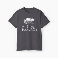 Dark grey t-shirt with 'Camping Queen' text, illustrated with a high heel, a foot, and a boot, on a plain background.
