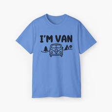 Blue t-shirt with the text 'I'm Van' featuring a graphic of a van surrounded by trees on a plain background.