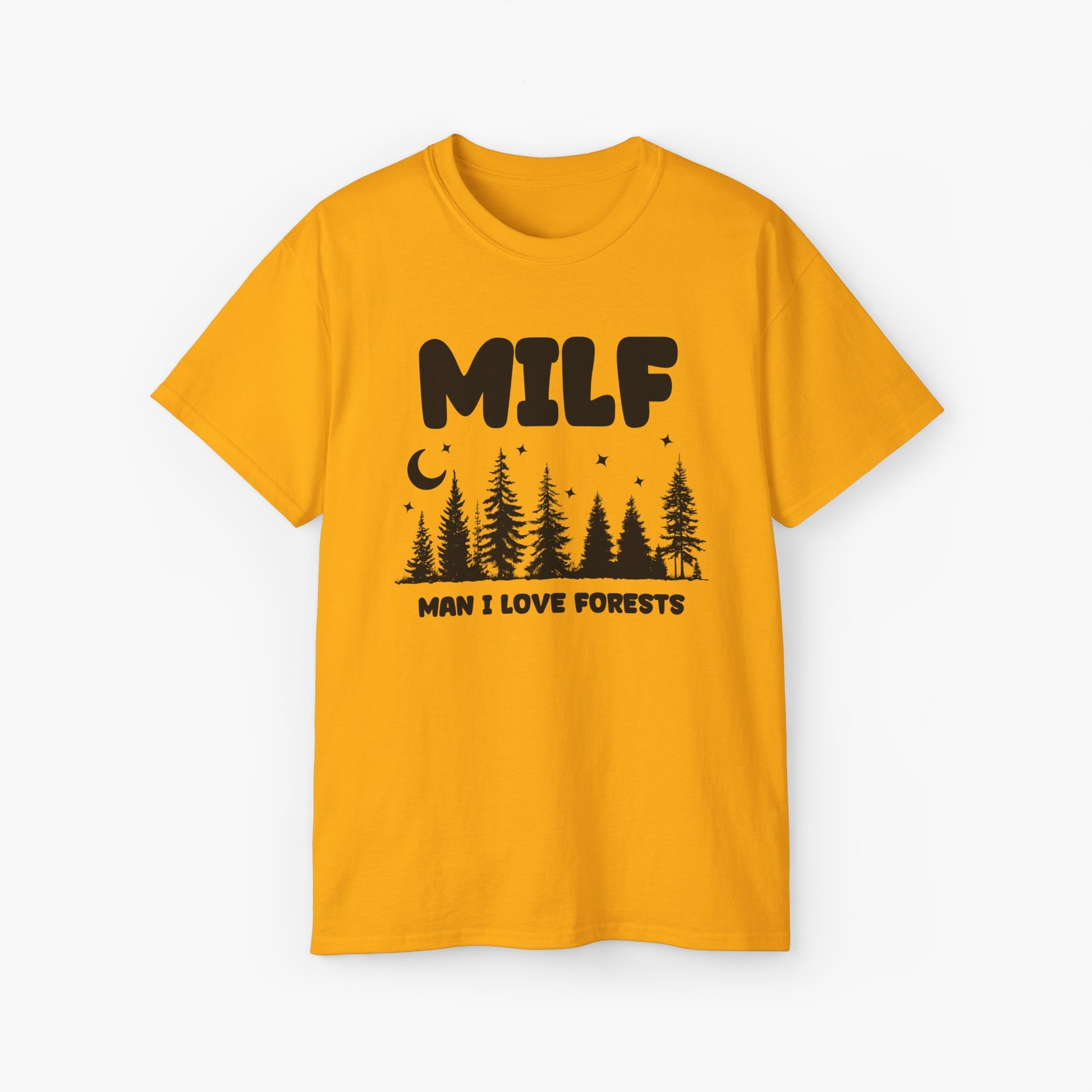Yellow t-shirt with the text 'MILF, Man I Love Forests,' featuring trees, stars, and a moon on a plain background.
