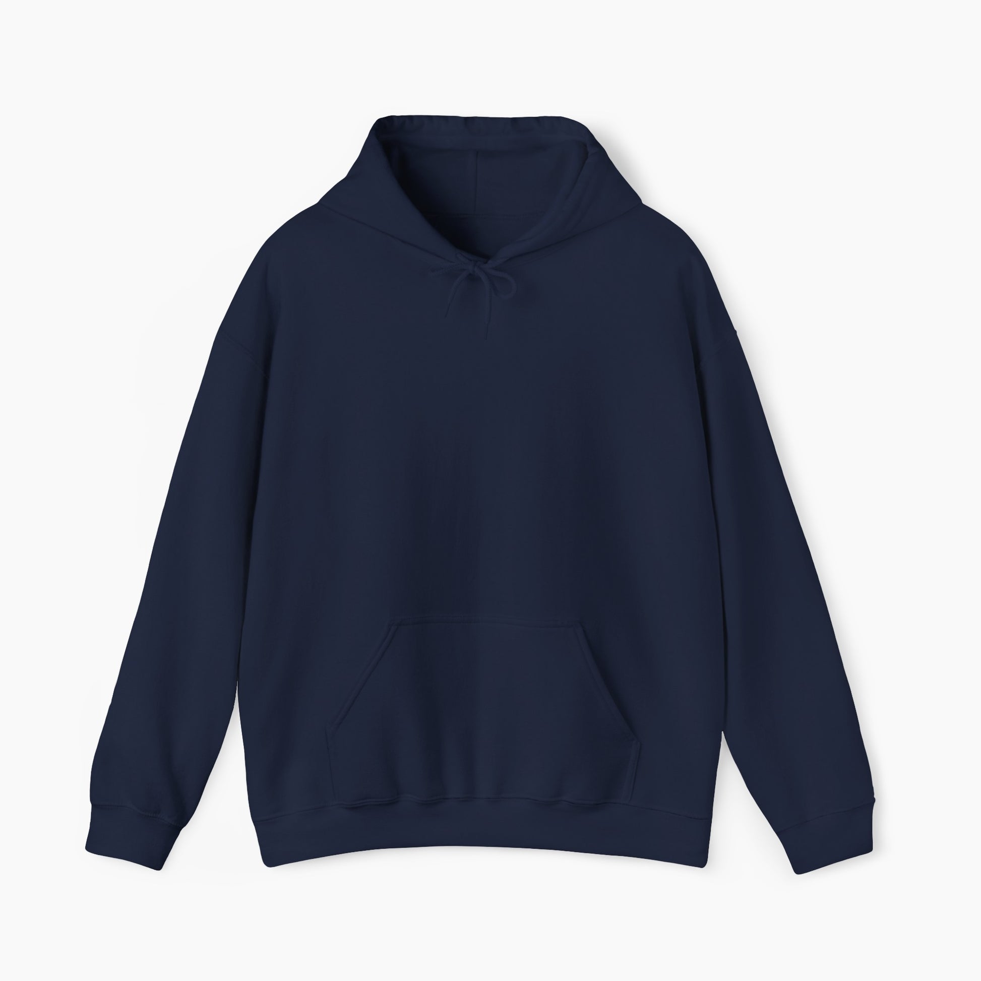 Front view of a plain dark blue hoodie on a plain background.