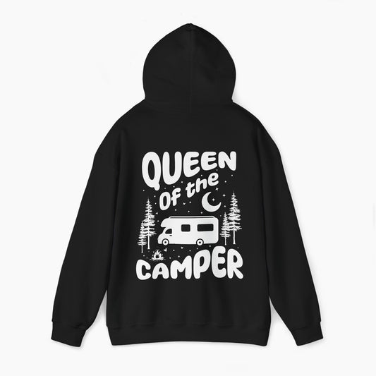 Back of a black hoodie with the text 'Queen of the Camper' surrounded by elements including a camping van, stars, trees, and a campfire, on a plain background.