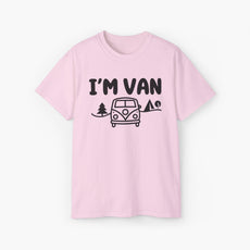 Light pink t-shirt with the text 'I'm Van' featuring a graphic of a van surrounded by trees on a plain background.