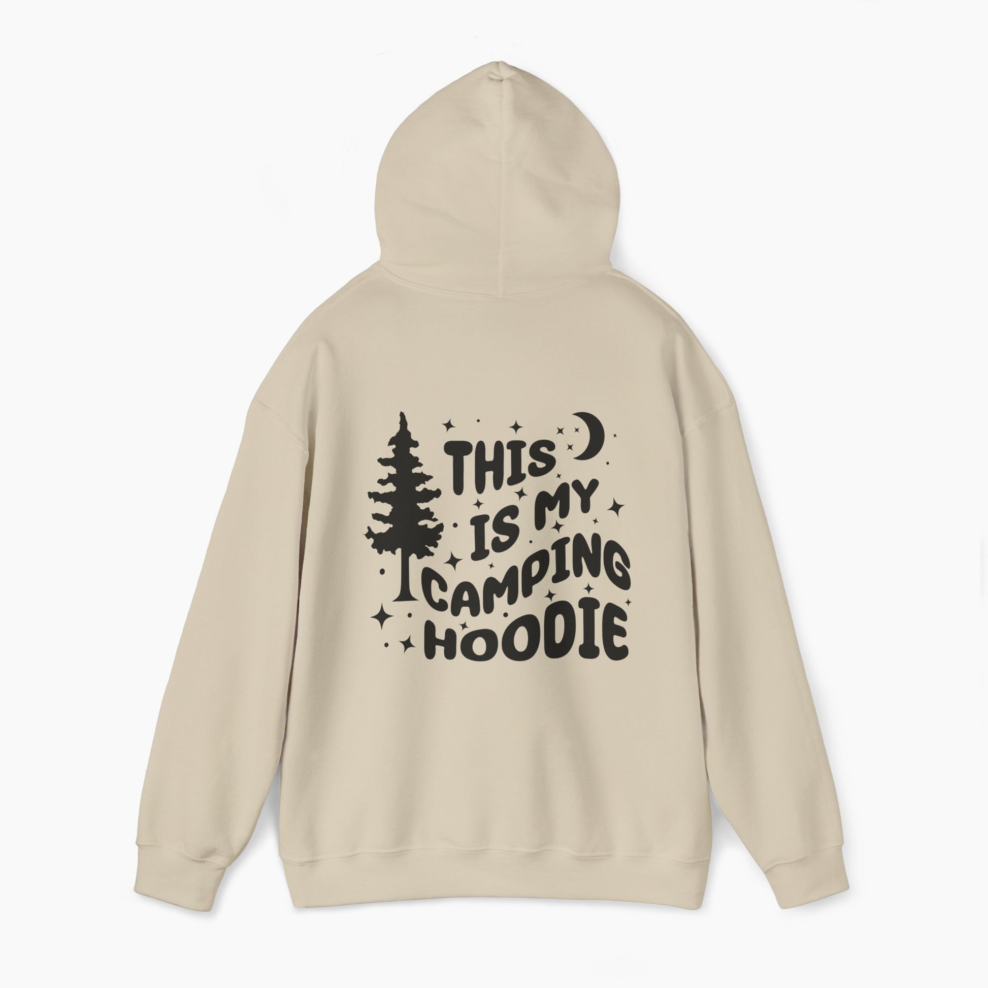 Back of sand color hoodie featuring the text 'This is my camping hoodie,' with a design of a camping van, moon, stars, and a tree on a plain background.