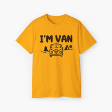 Yellow t-shirt with the text 'I'm Van' featuring a graphic of a van surrounded by trees on a plain background.