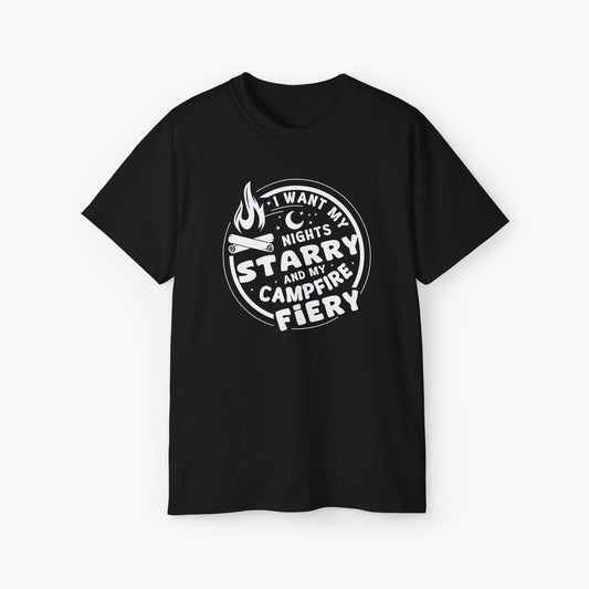 Black t-shirt with the text 'I want my nights starry and my campfire fiery' in a circular design, featuring a campfire, stars, and moon on a plain background.