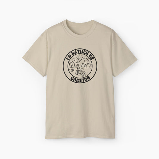 Sand-colored t-shirt featuring a minimalistic circular design with the text 'I'd rather be camping,' including a tent, campfire, trees, and mountains.