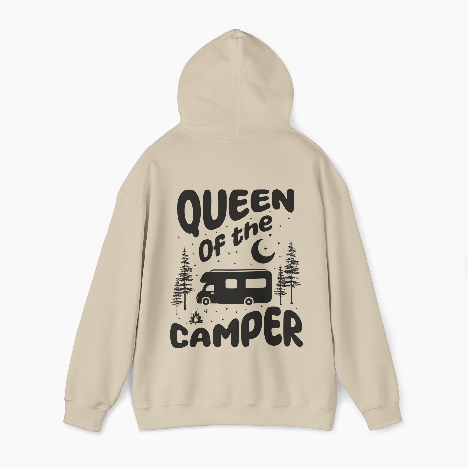 Back of a sand color hoodie with the text 'Queen of the Camper' surrounded by elements including a camping van, stars, trees, and a campfire, on a plain background.