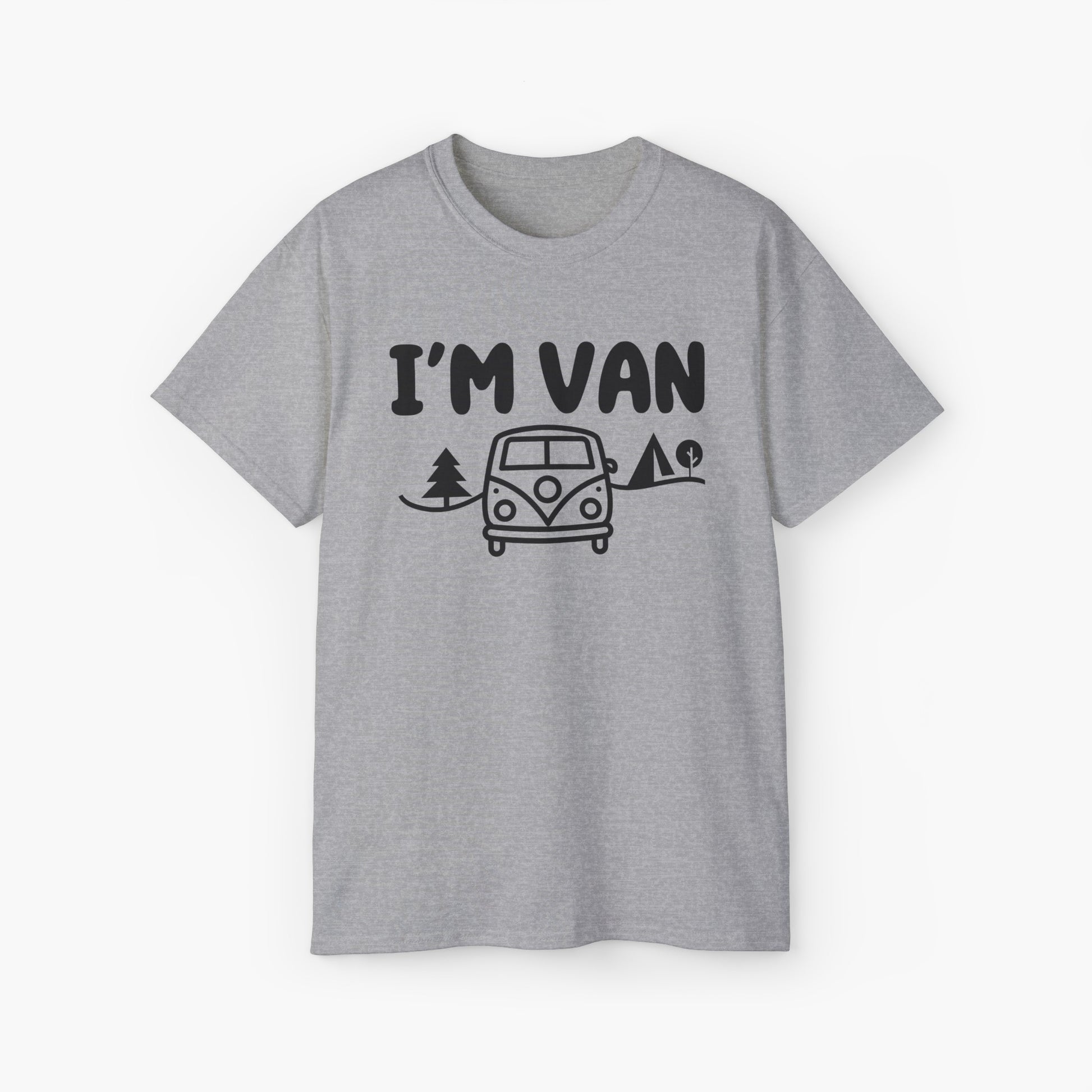 Grey t-shirt with the text 'I'm Van' featuring a graphic of a van surrounded by trees on a plain background.