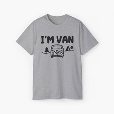 Grey t-shirt with the text 'I'm Van' featuring a graphic of a van surrounded by trees on a plain background.