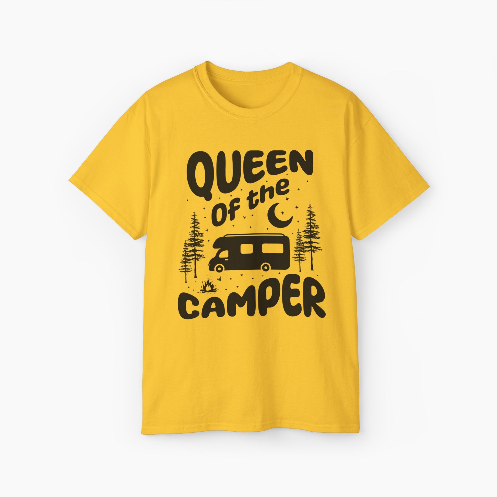 Yellow t-shirt with 'Camping Queen' text, illustrated with a camping van, stars, trees, campfire, and moon, on a plain background.