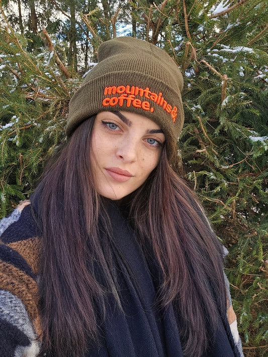 Mountains & Coffee 3D Puff Embroidered Cuffed Beanie