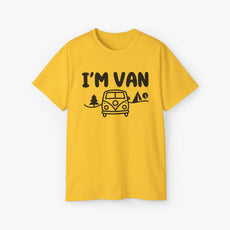 Yellow t-shirt with the text 'I'm Van' featuring a graphic of a van surrounded by trees on a plain background.
