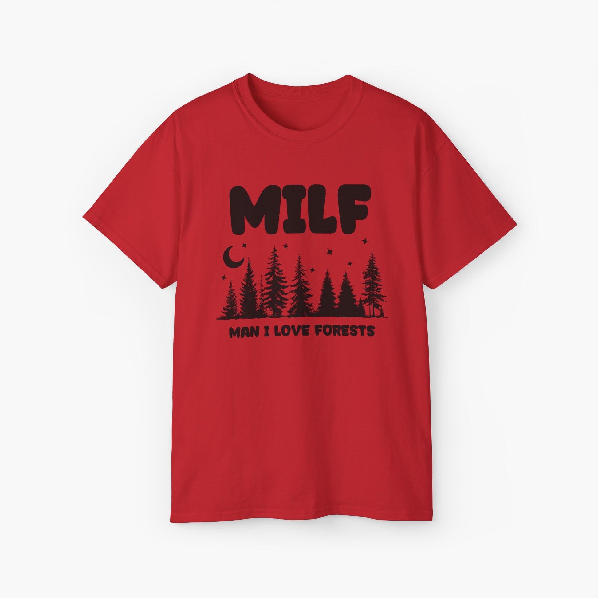 Red t-shirt with the text 'MILF, Man I Love Forests,' featuring trees, stars, and a moon on a plain background.