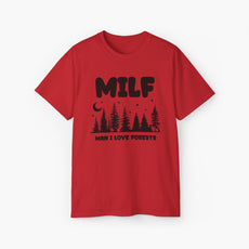 Red t-shirt with the text 'MILF, Man I Love Forests,' featuring trees, stars, and a moon on a plain background.