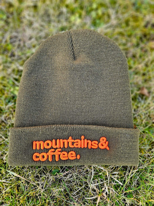 Mountains & Coffee 3D Puff Embroidered Cuffed Beanie