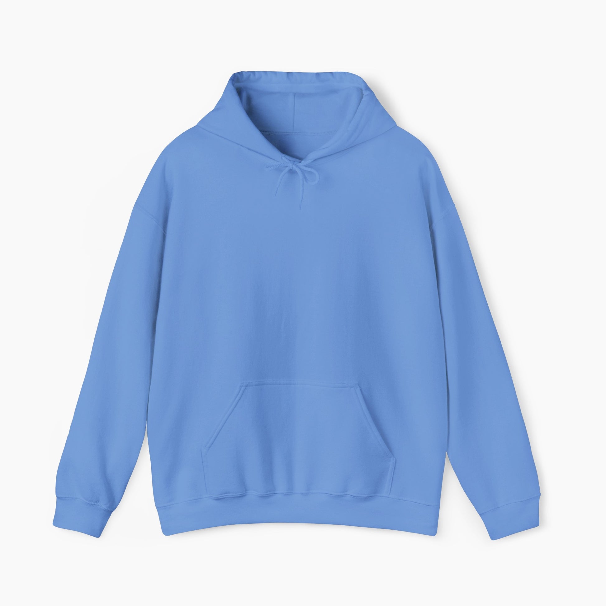 Front view of a plain blue hoodie on a plain background.