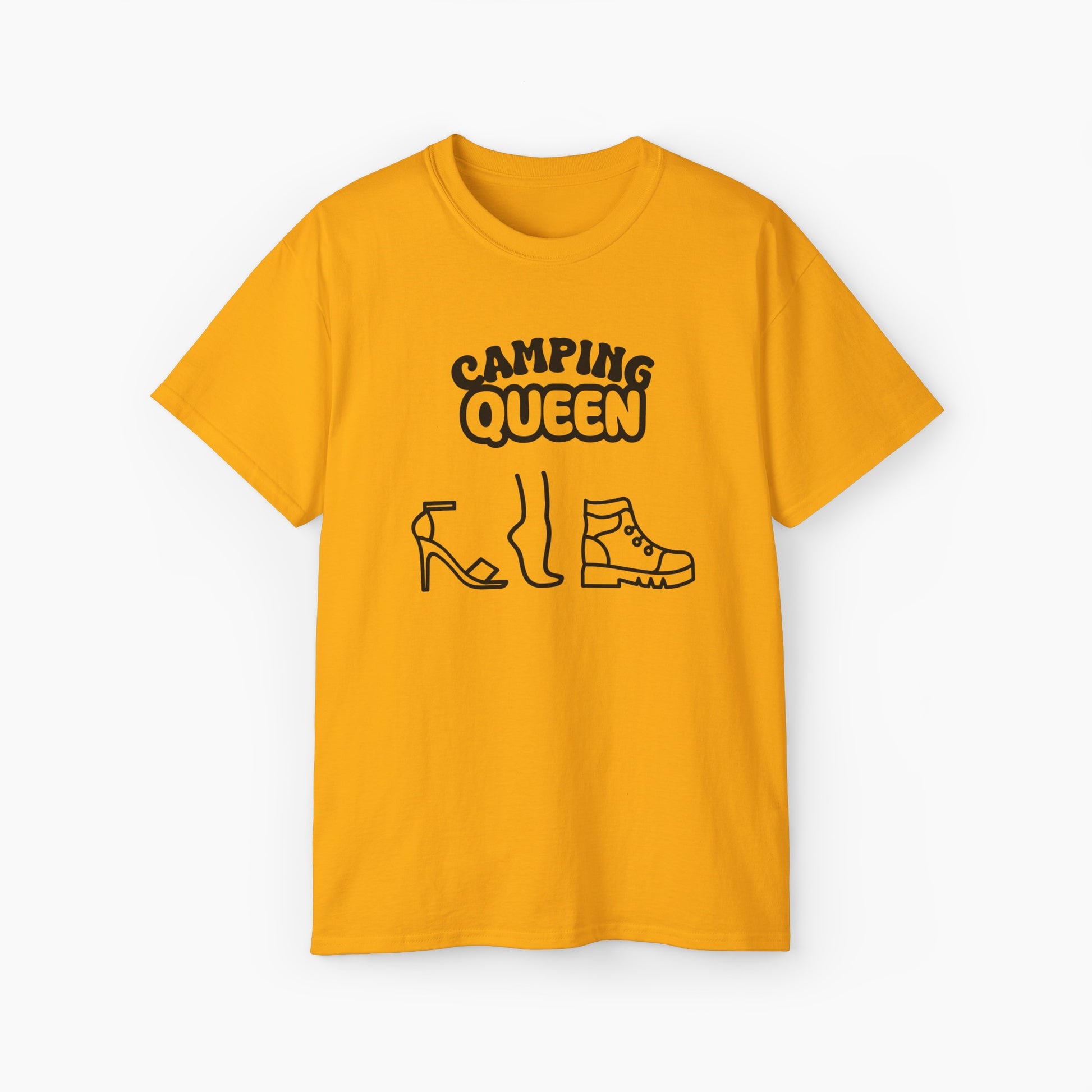 Dark yellow color t-shirt with 'Camping Queen' text, illustrated with a high heel, a foot, and a boot, on a plain background.